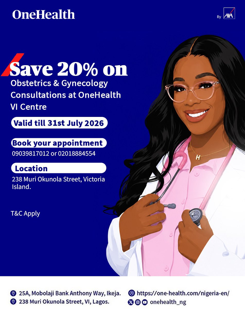 OneHealth_ng's tweet photo. For a limited time, enjoy 𝟐𝟎% 𝐎𝐅𝐅 𝐲𝐨𝐮𝐫 𝐜𝐨𝐧𝐬𝐮𝐥𝐭𝐚𝐭𝐢𝐨𝐧 at our 𝐎𝐧𝐞𝐇𝐞𝐚𝐥𝐭𝐡 𝐕𝐢𝐜𝐭𝐨𝐫𝐢𝐚 𝐈𝐬𝐥𝐚𝐧𝐝 𝐂𝐞𝐧𝐭𝐫𝐞.

📍 𝟐𝟑𝟖 𝐌𝐮𝐫𝐢 𝐎𝐤𝐮𝐧𝐨𝐥𝐚 𝐒𝐭𝐫𝐞𝐞𝐭, 𝐕𝐢𝐜𝐭𝐨𝐫𝐢𝐚 𝐈𝐬𝐥𝐚𝐧𝐝

#OneHealthByAXA #WomensHealth #Womenswellness #OBGYN https://t.co/wSNG9Tm4Ge