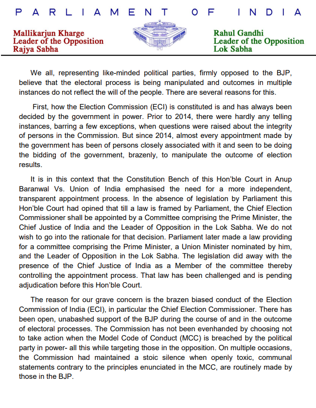 INCIndia's tweet photo. On 28th June 2026, 24 opposition parties along with an independent MP wrote to the Hon'ble Chief Justice of India on the flawed SIR process, the partisan role of the Election Commission of India, and other election-related issues.  

Here is the copy of the letter 👇 https://t.co/pHG3Dejal0