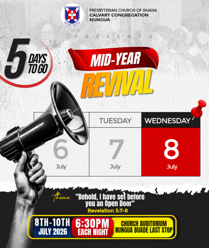 PcgCalvary's tweet photo. 5 days to go! An open door awaits those who are ready to step in by faith.
#Church #PCG #Presby #Fellowship #PCGCalvaryNungua #Viral #Explore #ExplorePage #Revival #Gratitude #Thanksgiving #OpenDoor #Countdown https://t.co/MWKz9WJUVS