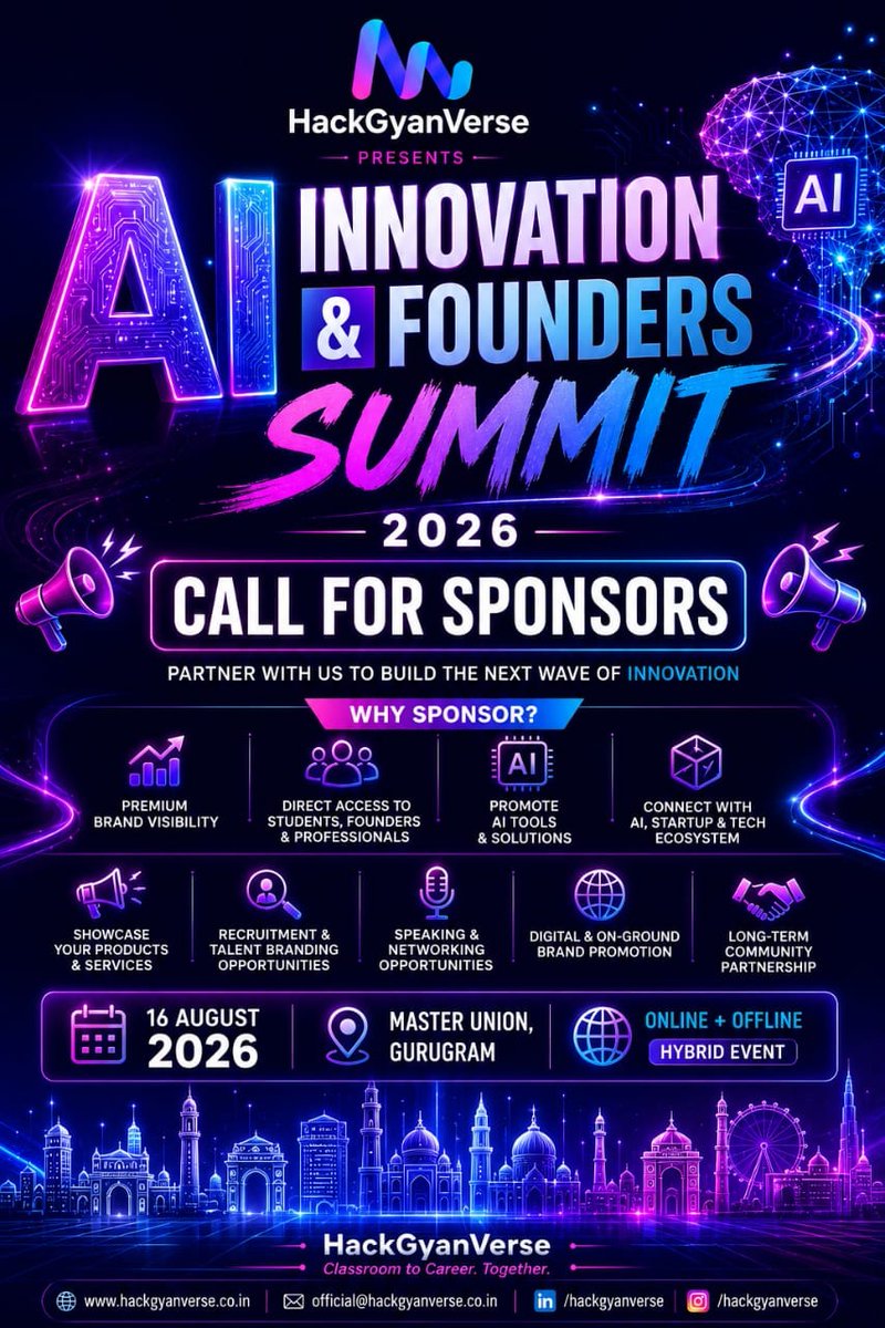 HackGyanVerse16's tweet photo. 🚀 𝗖𝗮𝗹𝗹𝗶𝗻𝗴 𝗦𝗽𝗼𝗻𝘀𝗼𝗿𝘀!

Partner with HackGyanVerse for the 𝗔𝗜 𝗜𝗻𝗻𝗼𝘃𝗮𝘁𝗶𝗼𝗻 &amp; 𝗙𝗼𝘂𝗻𝗱𝗲𝗿𝘀 𝗦𝘂𝗺𝗺𝗶𝘁 𝟮𝟬𝟮𝟲.

📅 16 Aug | 📍Masters Union
Support AI, startups &amp; innovation.

🔗 Sponsor:
https://t.co/A6AluDBeJK

#AI #Startups #HackGyanVerse https://t.co/rOgiAvgSAd