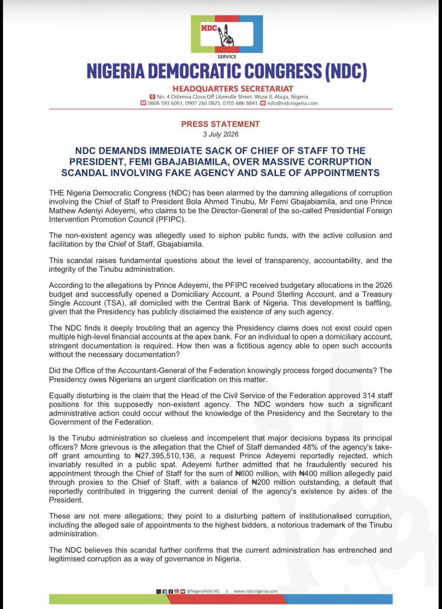 NigeriaStories's tweet photo. BREAKING NEWS: NDC Demands Immediate Sack of Chief of Staff to President Bola Tinubu, Femi Gbajabiamila Over Massive Corruption Scandal Involving Fake Agency and Sale of Appointments. https://t.co/1aDFdjwjXr