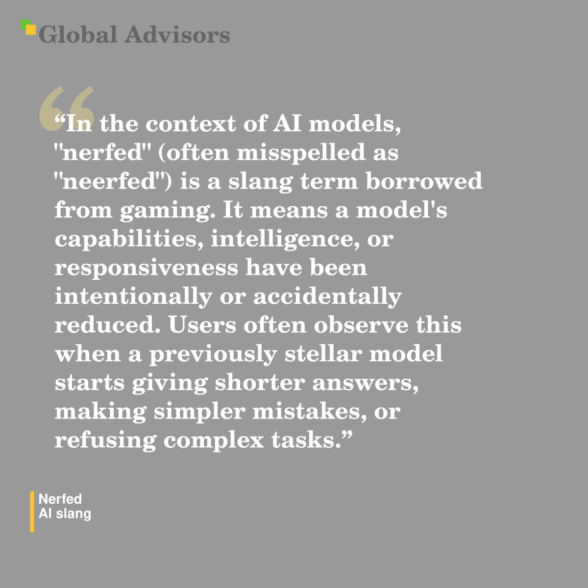 global_advisors's tweet photo. #Term: #Nerfed – #Ai slang - https://t.co/rdsY8es8OE
"In the context of AI models, "nerfed" (often misspelled as "neerfed") is a slang term borrowed from gaming. It means a #Model's capabilities, intelligence, or responsiveness have been intentionally or accidentally reduce... https://t.co/cUzSPKiv3b