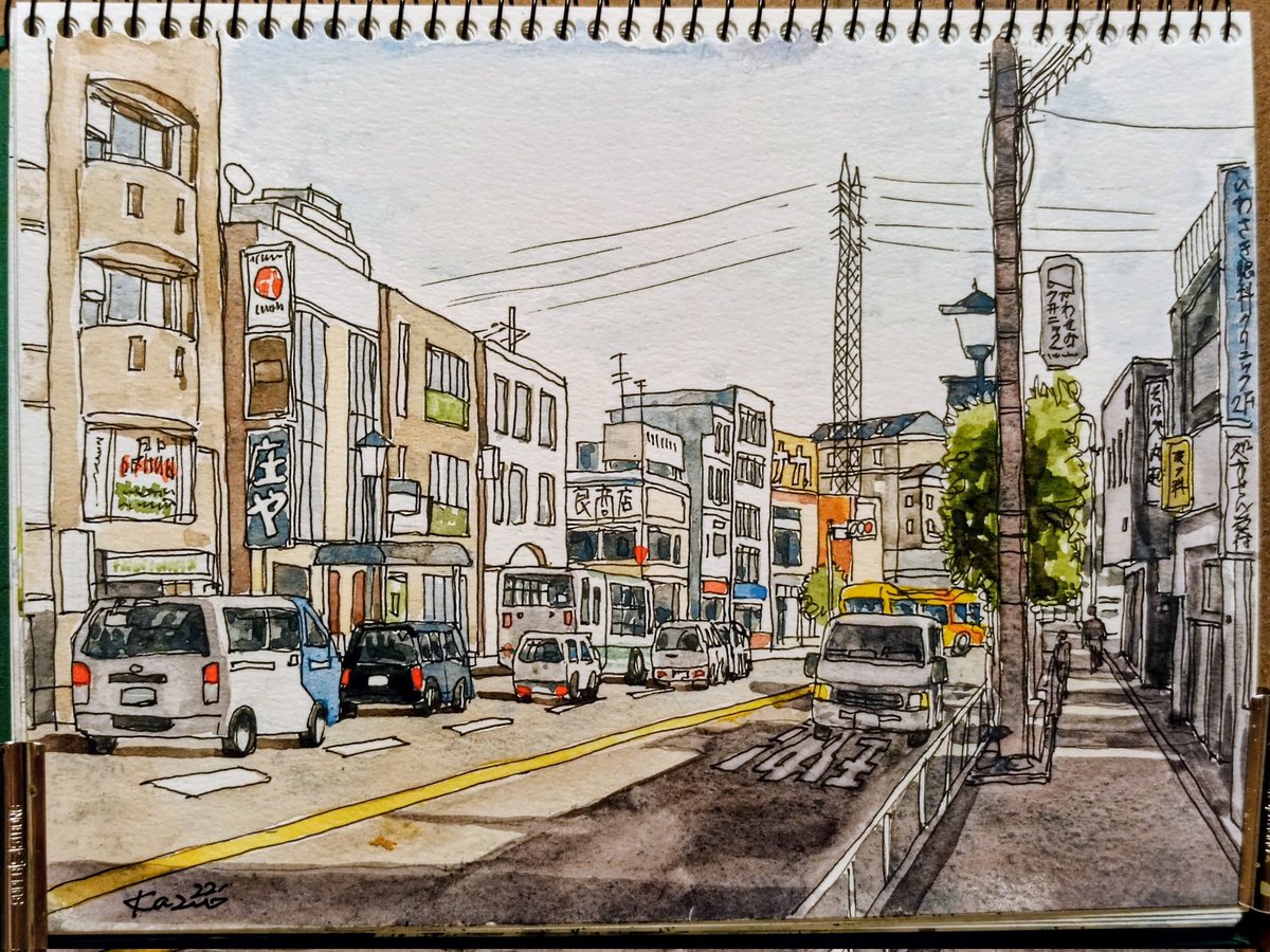 無人駅シリーズ　北海道美馬牛駅 水彩画　F8号サイズふ 🌿アトリエから〜🖌️スケッチ散歩 少し前に描いた、 駅前風景の