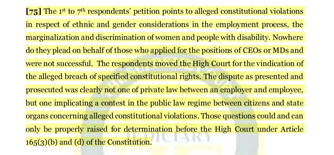 joshuamalidzo's tweet photo. #hotoffthebench
SCORK clarifies the position:
ELRC can handle pre-employment disputes but they must fall under categories in Section 12 of the Act. In cases such as the Magare one where he was neither an applicant for the position, such disputes can only be handled by High Court https://t.co/GNAycEfufX