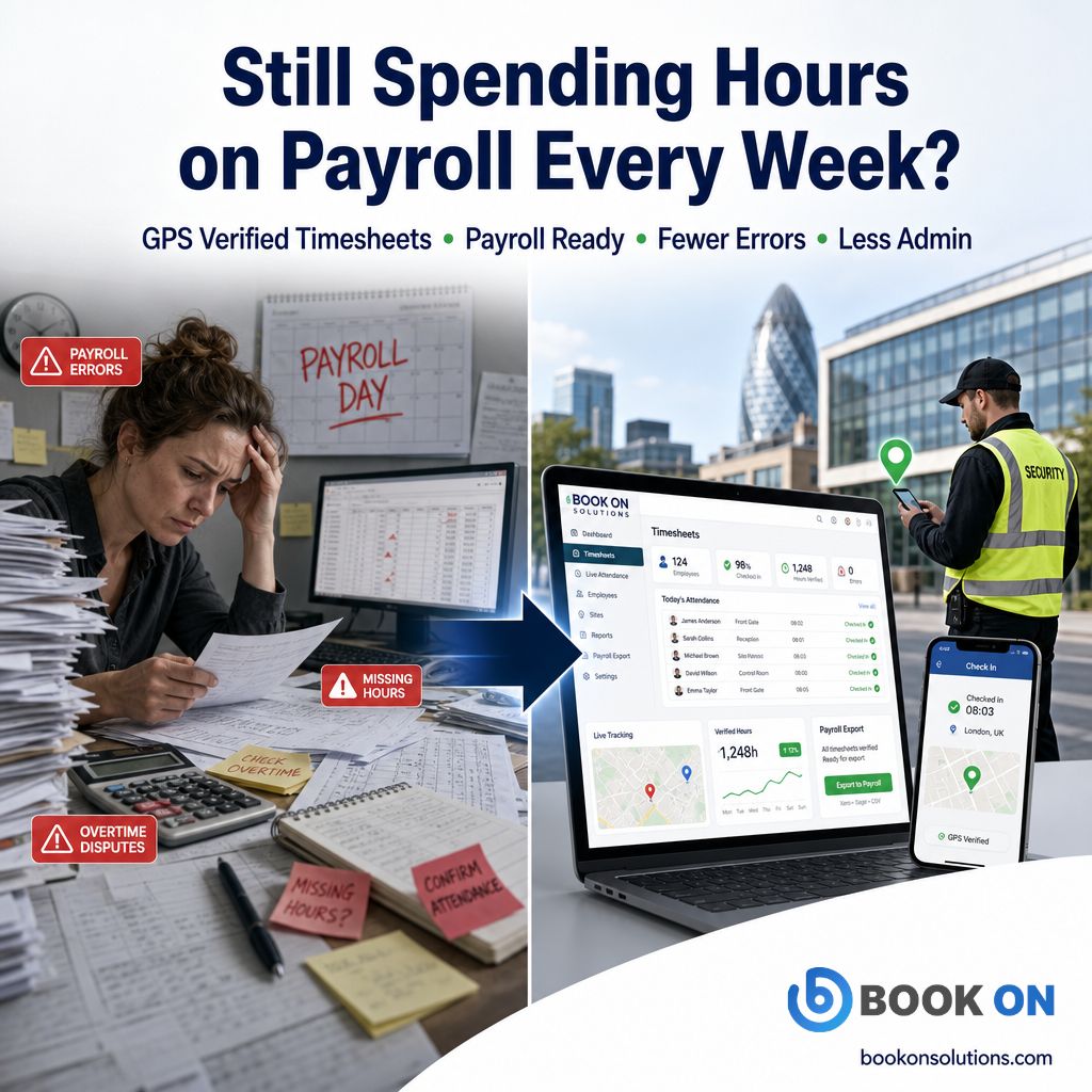 Bookonsolution1's tweet photo. Still using paper timesheets?

❌ Payroll errors
❌ Missing hours
❌ Overtime disputes
❌ Hours of admin every week

🌐 https://t.co/Pw5YpEwPLI

#UKSecurity #PayrollAutomation #WorkforceManagement #BOOKONSolutions https://t.co/NigXWtfqp9