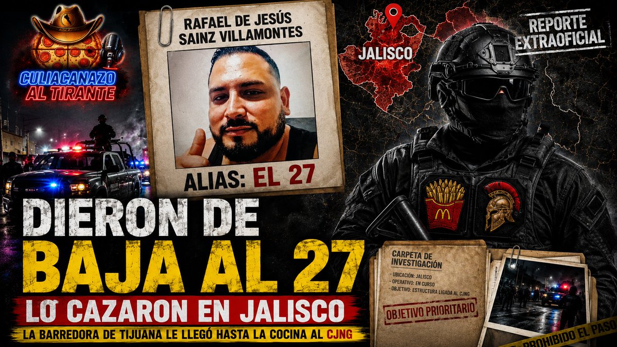 MarcosBedoya's tweet photo. 🚨 LO FUERON A BUSCAR HASTA JALISCO

Rafael de Jesús Sainz Villamontes, alias “El 27”, es reportado sin vida en Jalisco.

De acuerdo con información recabada por fuentes , detrás del movimiento estaría gente vinculada con la Barredora de Tijuana.

El dato fuerte no es solamente la baja: es hasta dónde habría llegado la confrontación.

Estamos a la espera de la confirmación oficial y de que las autoridades informen las circunstancias del caso.

#CuliacanazoNews #Jalisco #Tijuana #InformaciónEnDesarrollo