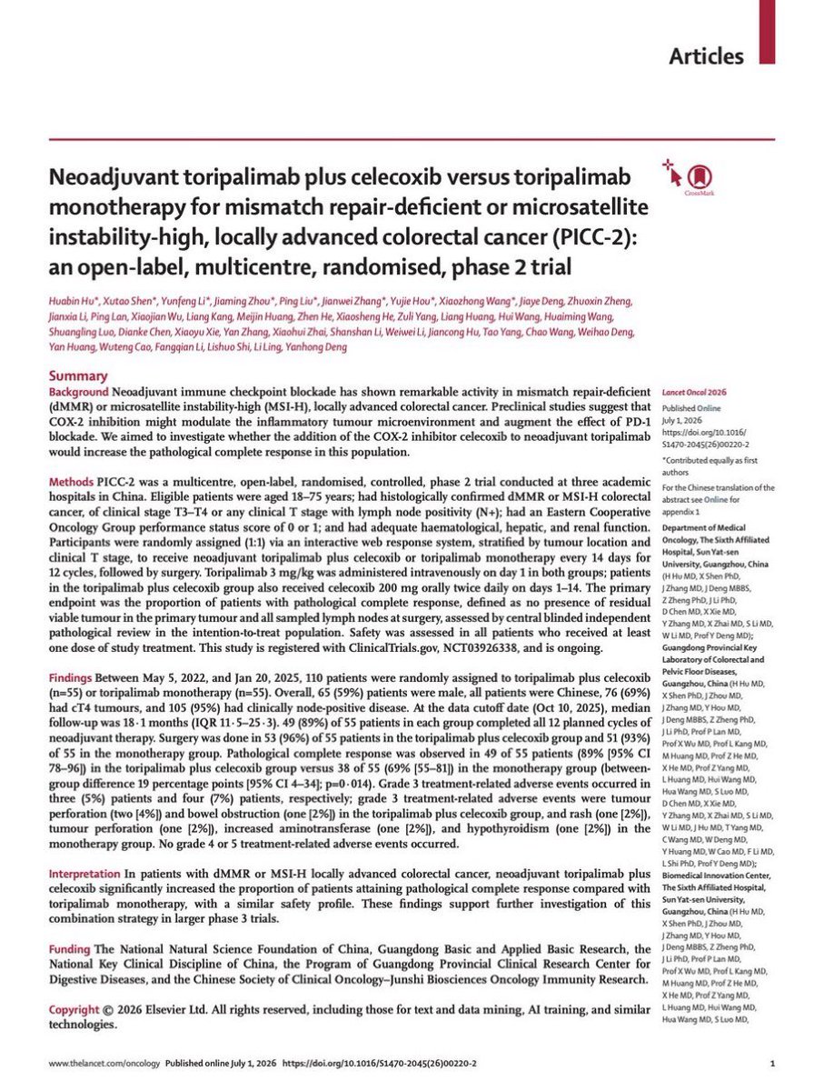 DraMartinezLago's tweet photo. 🧬 PICC-2 | dMMR/MSI-H locally advanced CRC

➕ Toripalimab + celecoxib

📈 pCR: 89% vs 69% (p=0.014)
🏥 Surgery: 96% vs 93%
🛡️ Grade ≥3 TRAEs: 5% vs 7%

🚀 COX-2 inhibition may further enhance neoadjuvant immunotherapy.

🔗 https://t.co/j2yUUwsJ8H
@OncoAlert https://t.co/Tt8rY5Rr4R