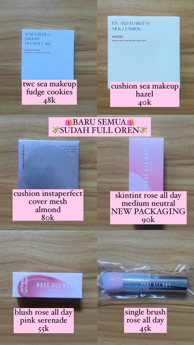 pyramddsfranko's tweet photo. WTS 

🛍️ Kategori
cushion twc foundation skintint liquid blush blush on mascara setting spray brush 

🐝 Merk
Jacquelle Sea Makeup Instaperfect Rose All day rad Nacific

🍊Sudah full oren dan bisa bayar COD
📍 Sidoarjo https://t.co/9t8rZzrLKf