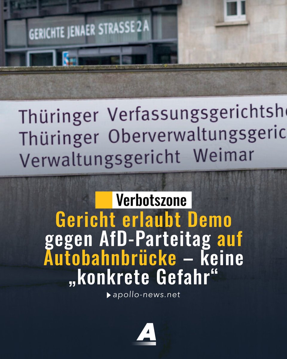 apollo_news_de's tweet photo. Das Verwaltungsgericht Weimar erlaubt eine Demo auf einer Brücke über die A71, einer Zufahrtsstraße zum AfD-Parteitag in der Messe Erfurt. Es gebe keine konkreten Anhaltspunkte für beabsichtigte Blockaden, auch nicht durch „veranstaltungsfremde Störer“.

https://t.co/jBix5x6cPd https://t.co/leZH4lRqAf