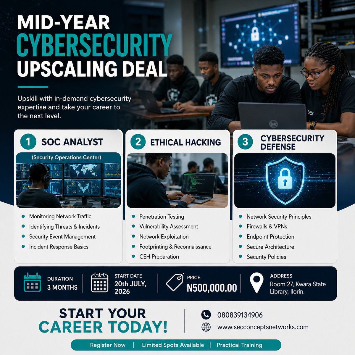 aliyuthayo's tweet photo. Do you have fundational knowledge in both Networking  & Cybersecurity? This Deal is for you!🫵
Upskill to any of these in-demand Cybersecurity expertise and take ypir career to the next level. These programs are mapped to the EC-Council Certifications.

1️⃣ SOC Analyst:
The Certified SOC Analyst (CSA) is designed for Tier I and Tier II security https://t.co/8pIN4YIDlM Operations Centers. Key elements of the curriculum include:
▶️SOC Operations: Fundamentals of SOC workflows, processes, and procedures.
▶️Log Management: Log correlation, aggregation, and analysis.
▶️SIEM Deployment: Configuring and operating Security Information and Event Management systems.
▶️Threat Detection: Utilizing threat intelligence to identify vulnerabilities and incidents

2️⃣ Ethical Hacking 
Ethical Hacking is the Certified Ethical Hacker (C|EH) certification. As of its latest iteration (C|EH v12 / C|EH v13AI), the curriculum integrates traditional penetration testing methodology with artificial intelligence skills to optimize threat detection and system exploitation.
The program follows a specialized operational sequence to mirror real-world threat delivery:
▶️Learn: Covers 20 modules spanning 550+ attack techniques alongside 4000+ AI automation tools.
▶️Certify: Tests the theoretical core using ANAB 17024 accredited baseline frameworks.
▶️Engage: Employs a simulated capture-the-flag workspace known as the CEHORG live cyber range.
▶️Compete: Provides global cyber competitions and monthly leaderboard challenges to sharpen active exploit methodologies.

3️⃣Cybersecurity Defense 
The Certified Network Defender (CND) is EC-Council's premier blue-team certification designed for network administrators, security engineers, and operational defenders. The curriculum is structured around an adaptive security framework consisting of four critical stages: Protect, Detect, Respond, and Predict.
The training cover core foundational disciplines designed to secure complex perimeter topologies:
▶️Network Defense Management: Outlining network traffic behaviors, defensive strategies, administrative protocols, and initial threat modeling.
▶️Network Perimeter Protection: Configuring administrative controls, system firewalls, IDS/IPS architectures, and secure routing topologies.
▶️Endpoint Protection: Hardening physical workstations, mobile infrastructure, and local operating system configurations.
▶️Application and Data Protection: Implementing active encryption standards, access management matrices, and software defense structures.
▶️Enterprise Cloud & Wireless Protection: Securing distributed workforces across remote operational technologies (OT), IoT, and virtual environments.
▶️Incident Detection & Response: Managing perimeter log analysis, traffic monitoring, business continuity (BC), and disaster recovery (DR) protocols.

Learn more: 
https://t.co/hyLJOS7aLd or @aliyuthayo @bukunmiogundeji
Location: Room 27, Kwara State Library Ilorin.
Website: https://t.co/lA76G3P2hS