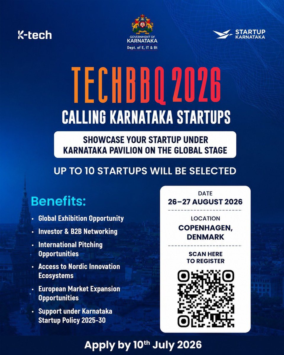 ITBTGoK's tweet photo. Calling Karnataka Startups! Here's your opportunity to showcase innovation on the global stage at TechBBQ 2026, one of the Nordic region's largest startup and innovation summits. https://t.co/617wwtzD2S
