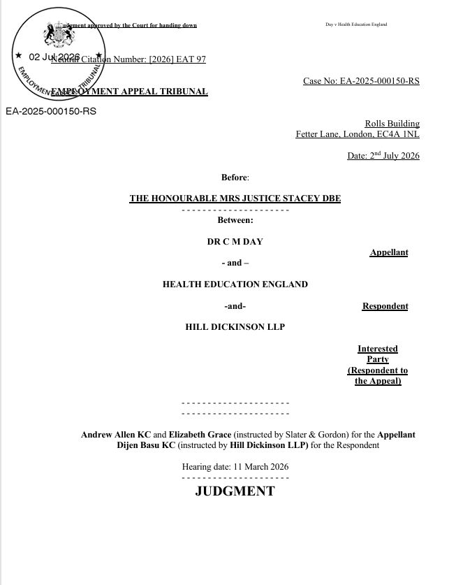 ArturNadol7566's tweet photo. NHS JUST WON THE RIGHT TO DELETE EVIDENCE

I've written about Dr Chris Day (@drcmday) before. Yesterday he messaged me two words that summed up eleven years of his life. 

"Bad news"

The Employment Appeal Tribunal handed down judgment on his wasted costs claim against Hill Dickinson (@HillDickinson), the NHS law firm paid public money for years while sitting on contracts that could have ended this entire saga early. 

Case name Day v Health Education England, [2026] EAT 97. 

Verdict. Appeal dismissed. According to the judge, Hill Dickinson did nothing improper, unreasonable or negligent, and withholding the documents cost him nothing extra... Just eleven years of his life and a career that never happened. But sure, no extra cost.

Let's run through the highlight reel, since apparently none of it counted for anything.

90.000 emails deleted in the middle of a live hearing, fully admitted, filed under troubling and quietly left there. 

An entire NHS director's email account wiped, the same director who was instructing the lawyers running this case. Also troubling, also fine. 

A chief executive gave evidence under oath about a board meeting that stopped adding up the moment the real documents surfaced, and he's still described as a credible witness. 

Board minutes the trust insisted did not exist turned up eventually, shortly after Chris was accused of making things up for suggesting they did. Two consultant anaesthetists and a former Health Minister backed his account with evidence that contradicts the tribunal's own findings.

None of it moved anything. Employment Judge Ramsden's original refusal stands. The EAT looked at all of it and SEE NOTHING.

Here's the bit that should actually bother you if you work in the NHS or plan on using it one day. Nobody ever sacked Chris. Nobody needed to. He simply never made consultant, spent over a decade doing locum A&E shifts instead, and got told by the legal system that mass evidence deletion during a live hearing is a footnote rather than a scandal.

Chris now sits on BMA (@TheBMA) Council and says he intends to take this further from there. Good luck to him, because judging by this result the bar for consequences in NHS litigation is currently buried somewhere near the Earth's core.