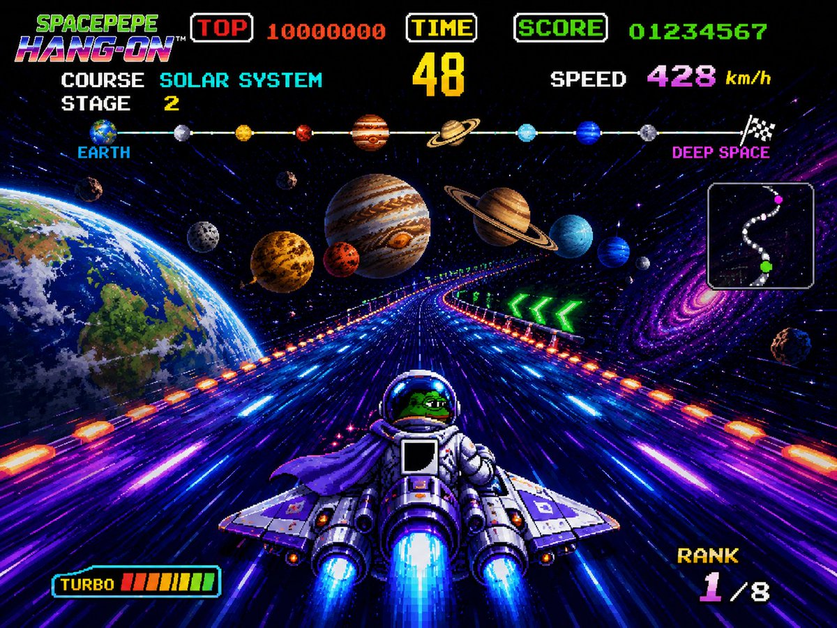 SpacePepeETH's tweet photo. GM SPACEPEPE HANG-ON!

As long hinted at, foreshadowed, and inferred the SPACEPEPE Universe has announced its emergence into the Gaming sector with the 16-bit style Retro Racing game SPACEPEPE HANG-ON to be released later this year!

Race your way out of the Solar System!

$SPEPE https://t.co/ciMEBOQnJi