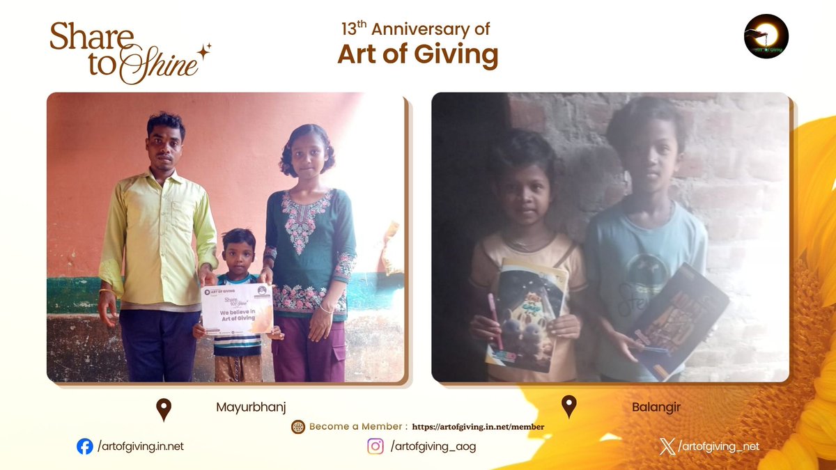 artofgiving_net's tweet photo. At Mayurbhanj, Kalahandi, Balangir, Angul, Rayagada, and Ganjam, Ms. Mayabati Marndi, Ms. Dasmita Naik, Ms. Sibani Hembram, Ms. Dharitri Majhi, Ms. Parbati Soren, Ms. Parbati Banara, Mr. Hemanta Dalei, Ms. Rajashree Hembram, Ms. Joshna Majhi, Mr. Mukesh Sabar, Mr. Aparao Patika, Ms. Panoswari Marandi, Ms. Raimani Marndi, Ms. Nehasmet Gourimani Murmu, Ms. Lachana Nundruka, Ms. Dulari Murmu, Ms. Tamana Tadingi, Ms. Ranju Nimala, Ms. Laxmi Murmu, Ms. Saro Purty became a part of the “Share to Shine” initiative during the 13th International Day of Art of Giving, contributing to an atmosphere filled with empathy, positivity and collective happiness. The gesture served as a reminder that kindness has the power to bring people closer.