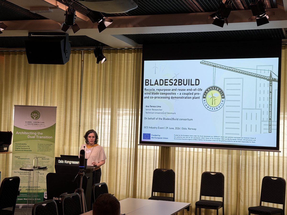 blades2build's tweet photo. 🤝 Collaboration, knowledge exchange, and cross-project synergies are essential for accelerating Europe's circular transition. 💡

🎆 BLADES2BUILD was proud to participate in the Global Consulting Sustainability AS event, "Circular Economy for Advanced Construction Materials: Research Results and Pathways to Large-Scale Industrial Application," by our project Coordinator Ana Teresa Lima/DTU , where the project was presented to an audience of researchers, industry leaders, policymakers, and innovation stakeholders. 🎇

📍 In addition to showcasing our innovative approach to transforming end-of-life wind turbine blades into valuable construction materials, BLADES2BUILD actively contributed to the panel discussion, sharing perspectives on the challenges and opportunities for bringing circular construction solutions from research to large-scale industrial implementation.

🔔 The event also offered an excellent opportunity to strengthen connections with fellow European initiatives, including CIRCULess and Plastics2Olefins.

Exchanging experiences, discussing complementary approaches, and exploring future collaboration opportunities are key to maximizing the impact of EU-funded research and accelerating the transition towards a more sustainable and circular economy.

👏 A big thank you to Global Consulting Sustainability AS for organising this inspiring event and to all participants for the engaging discussions. Together, we are building stronger partnerships and driving innovation towards a more circular future. 🌍♻️

#blades2build #windenergy #europeanunion #horizoneurope #innovation #project #energy #circulareconomy #recycle #reuse #repurpose #composites #decarbonisation #europe #europeancommission #sustainability #industry
