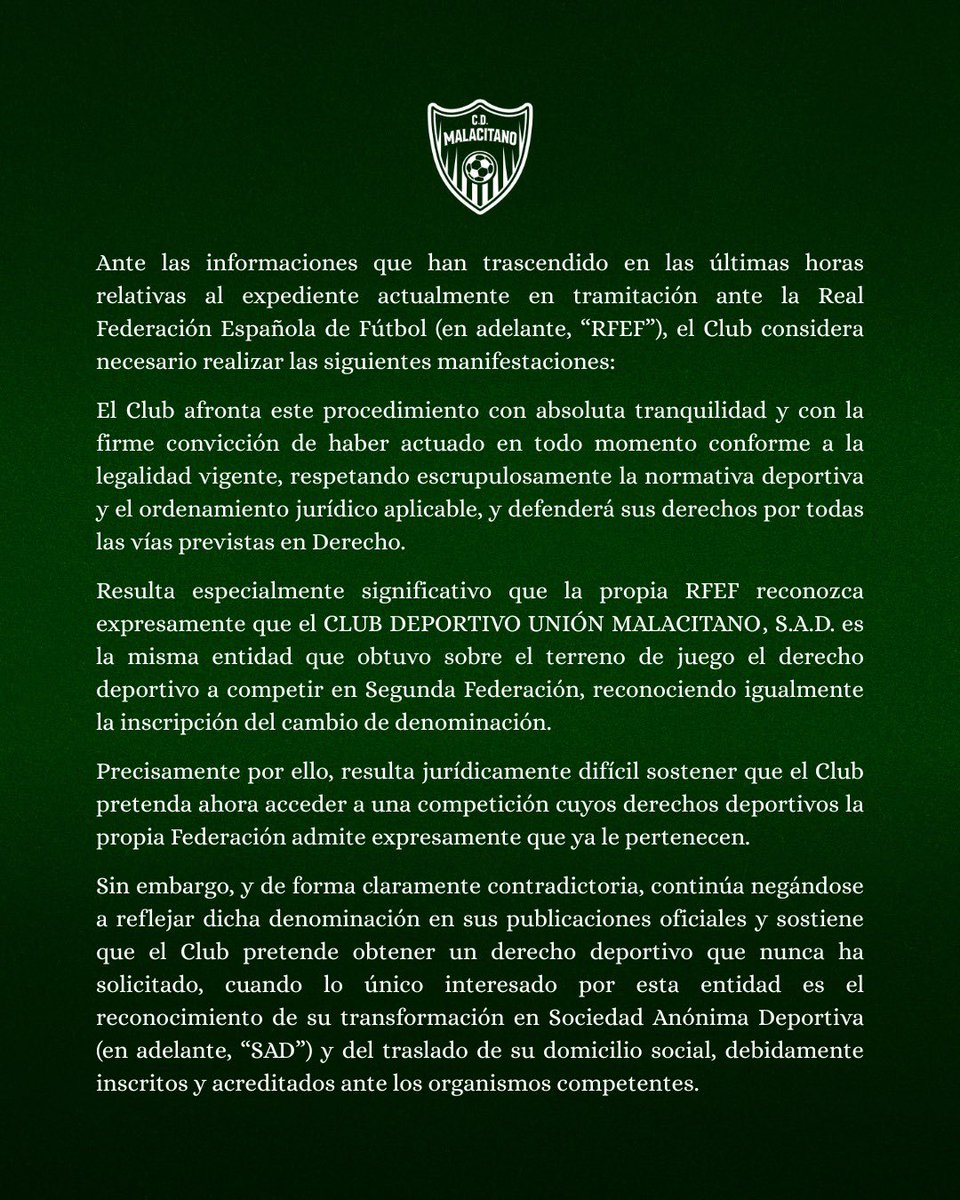 CDUMalacitano's tweet photo. 𝐂𝐎𝐌𝐔𝐍𝐈𝐂𝐀𝐃𝐎 𝐎𝐅𝐈𝐂𝐈𝐀𝐋 | Ante las informaciones difundidas en las últimas horas, el Club considera necesario exponer su posición y trasladar un mensaje de tranquilidad, reafirmando su compromiso con la legalidad, el mérito deportivo y la defensa de sus derechos. https://t.co/CrED51QjR3
