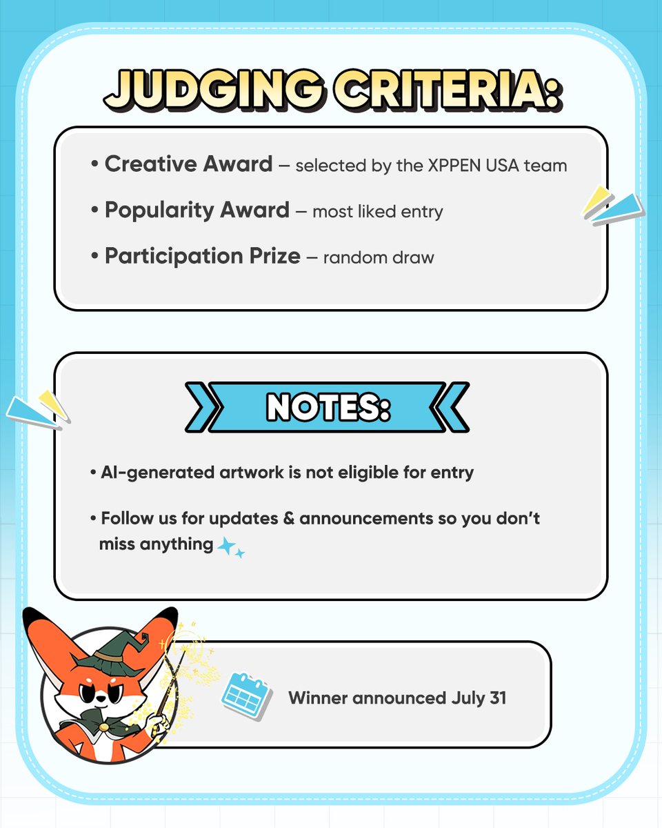 xppenusa's tweet photo. ⚔ XPPEN Art Fight Support GIVEAWAY ⚔

We’ve been loving everyone’s Art Fight creations lately 👀🥳
Let’s give them some extra spotlight and celebrate the artists!

👇 HOW TO ENTER:
1️⃣ Follow @xppenusa
2️⃣ Like this post
3️⃣ Share your favorite Art Fight attack (pick ONE piece 💥) + tag your art bestie in the comments
4️⃣ Share this post to your Story (Unlimited entries!)

🎁 PRIZES:
🥇 x1 Creative Award — Deco Mini7W V2
🥈 x3 Popularity Award — Coasters
🥉 x5 Participation Prize — $5 TikTok Shop coupons

📌 JUDGING CRITERIA:
• Creative Award — selected by the XPPEN USA team
• Popularity Award — most liked entry
• Participation Prize — random draw

🚫 NOTES:
• AI-generated artwork is not eligible for entry
• Follow us for updates & announcements so you don’t miss anything ✨

📅 Winner announced July 31 🍀

Attention: Due to shipping restrictions, we are currently unable to ship to some places, including but not limited to the Middle East (except the United Arab Emirates and Saudi Arabia), India, Turkey, Brazil, Africa, and Argentina. (For South America and some other countries, customs charges may occur and are not covered.)

#ArtFight #ArtFight2026 #ArtFightAttack #DigitalArt #DigitalIllustration #DrawingCommunity #SupportArtists #Giveaway #XPPen
