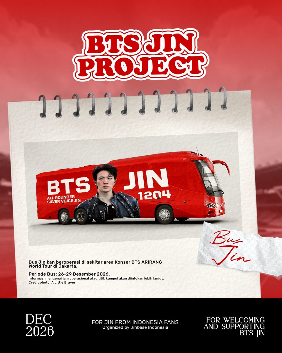 JinBase_'s tweet photo. @ALittleBraver92 🚌 JIN BUS PROJECT

Bus Jin ini akan beroperasi selama rangkaian BTS World Tour ARIRANG di area Jakarta dan sekitarnya. 

📍 Informasi mengenai jam operasional dan titik lokasi akan kami infokan lebih lanjut

Photo credit to @ALittleBraver92 ✨ https://t.co/w0yOmnwNQv