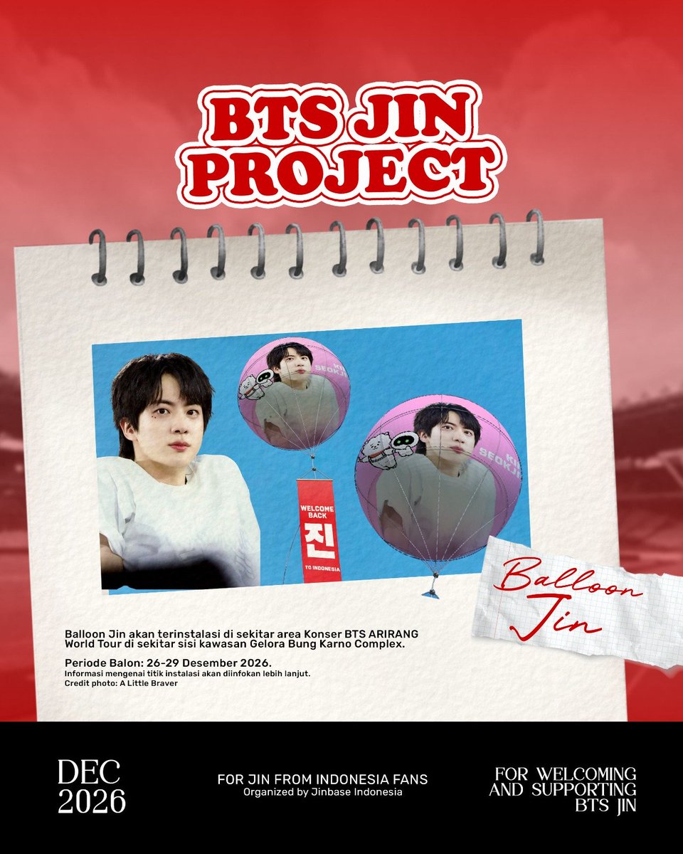 JinBase_'s tweet photo. @ALittleBraver92 🎈 BALLOON JIN PROJECT

Balloon Jin dengan photo by @ALittleBraver92 serta RJ dan Wootteo yang akan diletakkan di sekitar area sisi venue konser🚀

📍 Informasi mengenai titik lokasi Balloon Jin akan diumumkan lebih lanjut. Stay tuned! https://t.co/kTN2Rnf1wZ