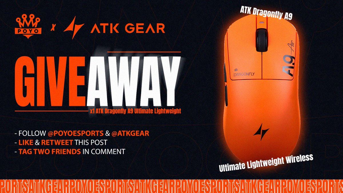 PoyoEsports's tweet photo. Poyo X ATK Gear Collab Giveaway 🎁 

1x ATK Dragonfly A9 Ultimate Lightweight

How to enter:
- Follow @PoyoEsports + @AtkGear 
- Like and Retweet
- Tag 2 friends

Results 17th July 🍀 https://t.co/x9NqY0QNzF