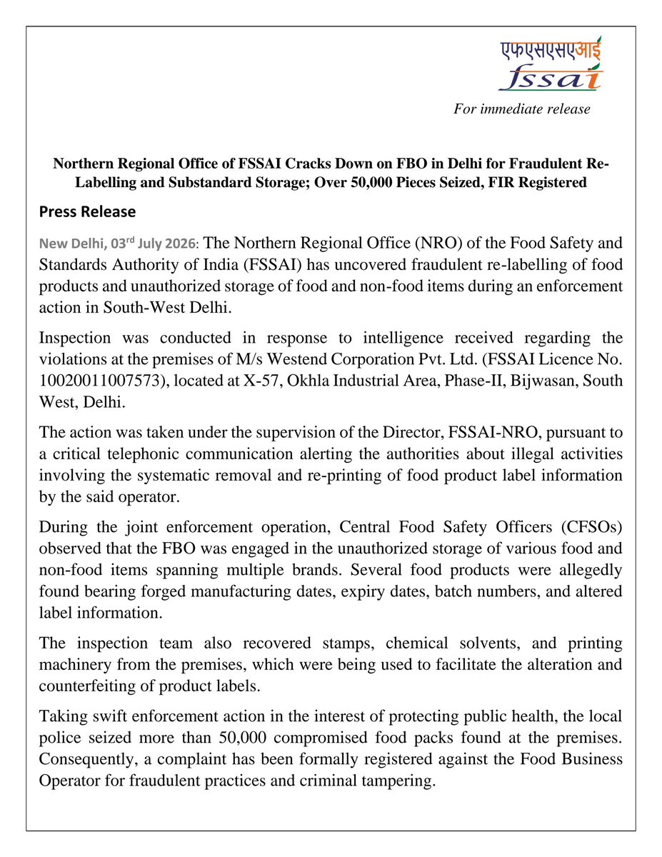 fssaiindia's tweet photo. The Northern Regional Office of the  #FSSAI has uncovered fraudulent re-labelling of food products and unauthorized storage of food and non-food items during an enforcement action in South-West Delhi. #FSSAIRelease #FSSAIAction https://t.co/CzbaVDvW9A