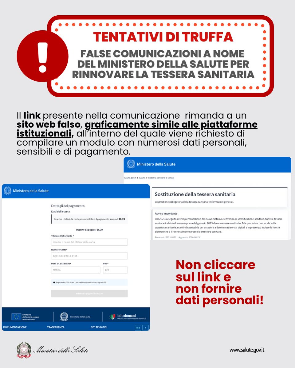 MinisteroSalute's tweet photo. 🚨 Attenzione alle truffe online.
Sono in circolazione e-mail e SMS che invitano a rinnovare la Tessera Sanitaria utilizzando il nome del Ministero della Salute.
❌ È un tentativo di phishing.
🔗 Info:https://t.co/eW73llTCKq https://t.co/oaeeEBLLJa