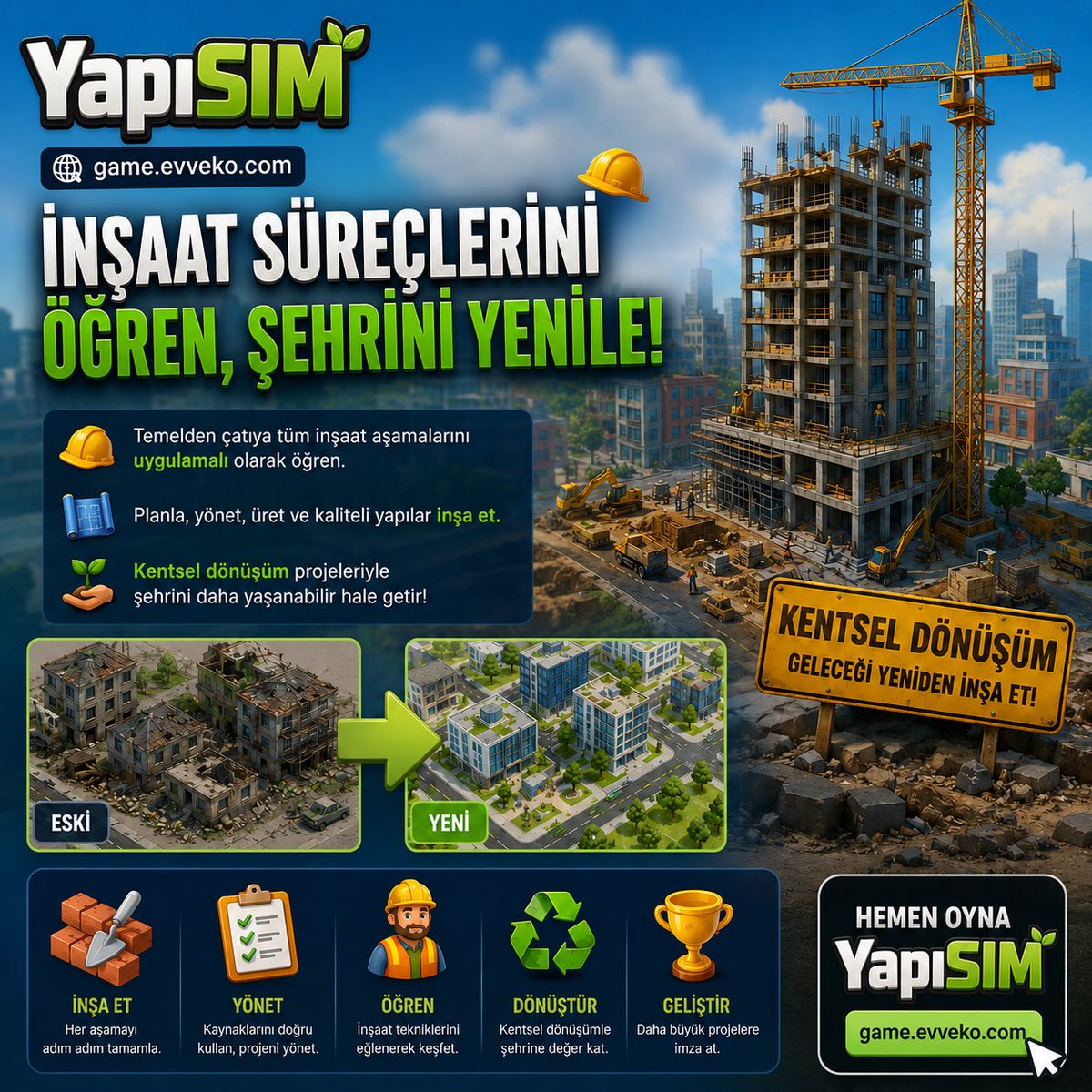 evveko's tweet photo. İnşaat süreçlerini oyunlaştırarak öğrenmek ister misiniz?
🏗️ Temelden çatıya inşaat aşamalarını keşfet
🏙️ Kentsel dönüşüm projelerini yönet
📊 Planla, üret, geliştir ve şehrini dönüştür
Hemen oyna: https://t.co/YI8E9MxT3V
#Evveko #KentselDönüşüm #İnşaat #PropTech #Oyun https://t.co/OOrTzc4oaO