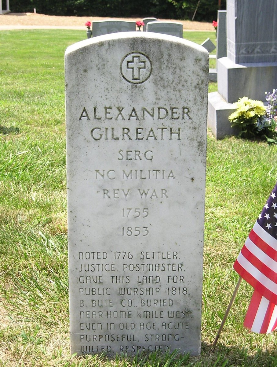 JRMillsNC's tweet photo. Nearly 250 years ago, a young man in the Brushy Mountains of North Carolina made a choice that helped shape the course of history. 

Alexander Gilreath — my 7th-great-grandfather — enlisted as a Private in the Wilkes County militia.  He would go on to answer the call repeatedly, whenever his community needed men to stand up.

He walked, on foot, after losing his horses in earlier campaigns, to reach the aftermath of the Battle of Ramsour's Mill (a scene of the dead and wounded he said he could never forget).  He fought against the British at the Battle of Kings Mountain and during the Siege of Charleston.

After the war, he spent the rest of his life serving and building his community in the new nation he had helped defend.

He farmed the land, ran a mill and a blacksmith shop, served as Justice of the Peace, postmaster, and constable, and sat on the county school board.  In 1818, he gave an acre of his own land so his community would always have a place to worship.

Alexander showed up, year after year, to build and steward the community that American freedom makes possible.

He was still doing that work well into his nineties.  He was among the last living Revolutionary War veterans from the state of North Carolina when he died in November 1853 — four days shy of 98.

As we mark 250 years since America's founding, I think about the example men like Alexander Gilreath set for us.  They not only achieved freedom... 𝒕𝒉𝒆𝒚 𝒔𝒑𝒆𝒏𝒕 𝒕𝒉𝒆 𝒓𝒆𝒔𝒕 𝒐𝒇 𝒕𝒉𝒆𝒊𝒓 𝒍𝒊𝒗𝒆𝒔 𝒃𝒖𝒊𝒍𝒅𝒊𝒏𝒈 𝒐𝒏 𝒊𝒕.

Good citizenship is something we owe our fellow Americans, every single day!

#America250
