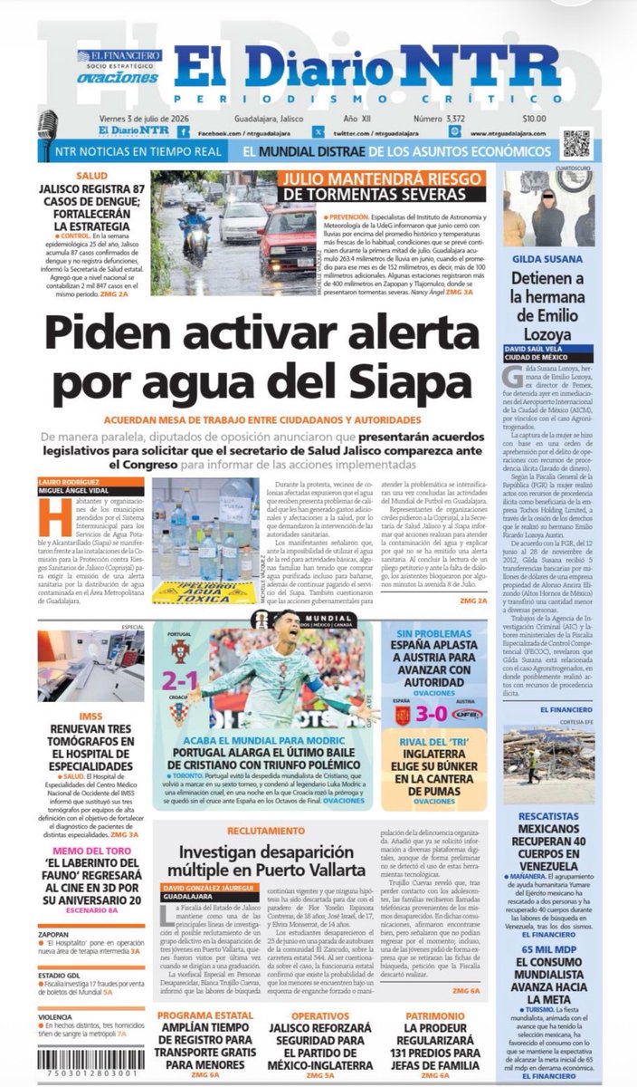 sonia_ssi's tweet photo. Buenos días. En nuestra portada de hoy, colectivos piden a @coprisjal que active alerta sanitaria por el agua contaminada que entrega el @siapagdl en hogares @laurorodriguez_ @NTRGuadalajara https://t.co/EKiwhcUft1