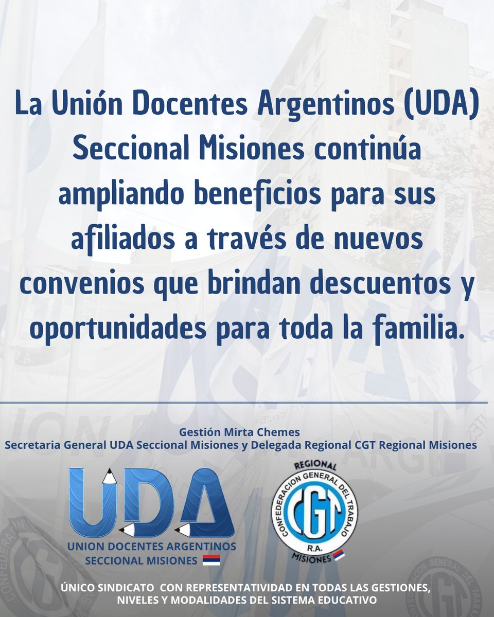 MisionesUda's tweet photo. En la UDA Seccional Misiones seguimos sumando ventajas para vos. Porque nuestro compromiso es acompañarte siempre con más beneficios y mejores oportunidades.

Gestión Mirta Chemes
Secretaria General de la UDA Seccional Misiones y Delegada Regional de la CGT Regional Misiones. https://t.co/nRMXcqTZ0c