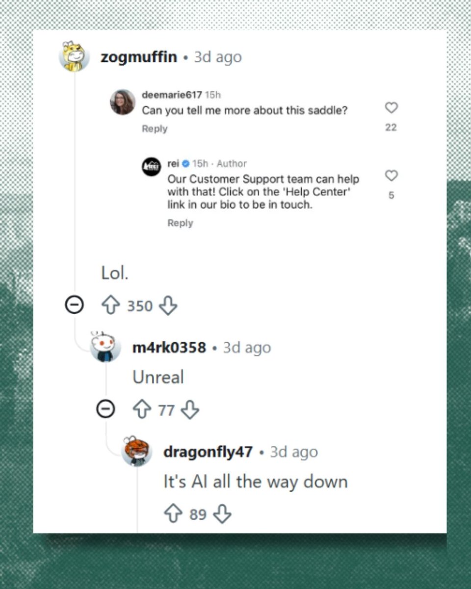 reiunion's tweet photo. A new ad from REI features an AI-generated image - notice anything? It’s almost poetic: handlebars facing backwards, showing which way REI is headed. https://t.co/CwjO1Tv1Wn