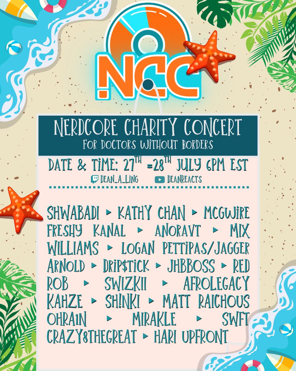 Dean_A_Ling1's tweet photo. 🚨ANNOUNCEMENT TIME🚨

The Nerdcore Charity Concert is BACK!! Two days full of fantastic music, vibes, and entertainment all while raising money for a good cause. We will be raising money for @MSF_USA this time. So please join me and all these fantastic artists on July 27-28th at 6pm EST while we showcase talent from all over Nerdcore.

P.S. Unfortunately, due to issues on his end, Sh!nki will not be able to perform. I found out last minute before I had time to get the poster changed