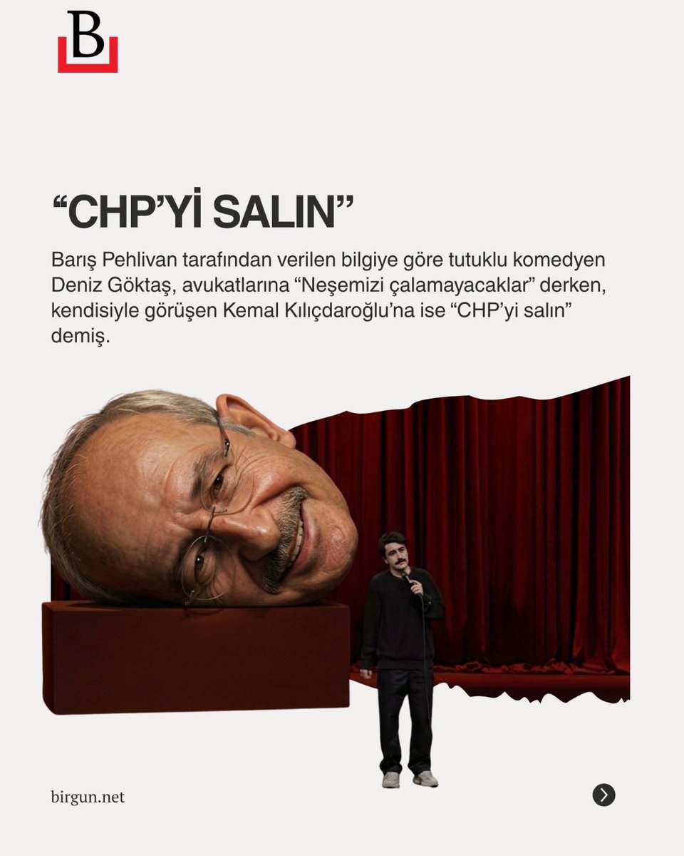 BirGun_Gazetesi's tweet photo. Gazeteci Barış Pehlivan, Göktaş'ın avukatı Metin Aslan'ın kendisine ilettiği mesajları aktardı.  

Buna göre Göktaş, tutuklama kararının ardından avukatlarına "Neşemizi çalamayacaklar" dedi.  

Kendisiyle görüşen Kemal Kılıçdaroğlu'na ise “CHP’yi salın” dedi.

https://t.co/eJD1b61Wqv