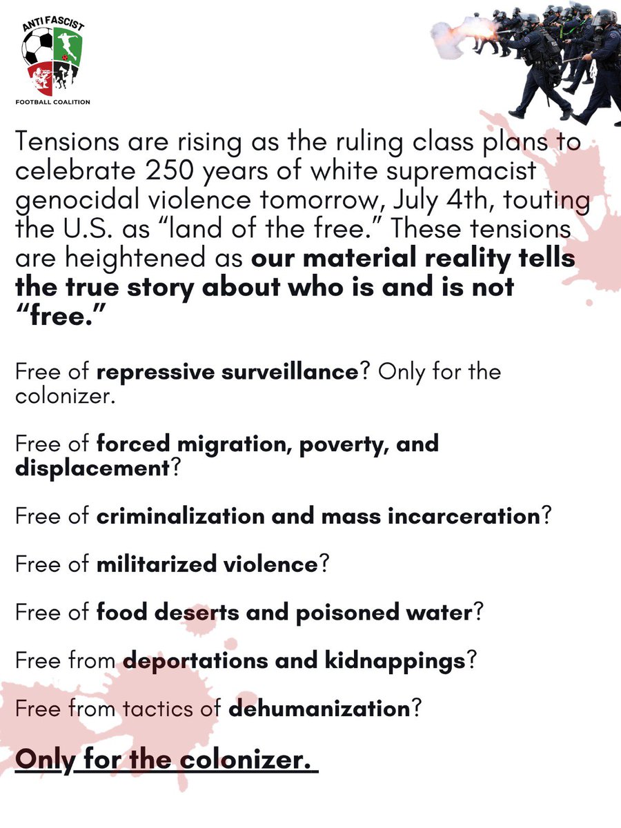 ProjectPCHR's tweet photo. The ruling class plans to celebrate 250 years of genocidal violence, touting the US as “land of the free.” Material reality tells the true story about who is and is not “free.” We wield our collective power and fight for People(s)-Centered Human Rights as we #BoycottTheUS. https://t.co/s5JMNRSbSF