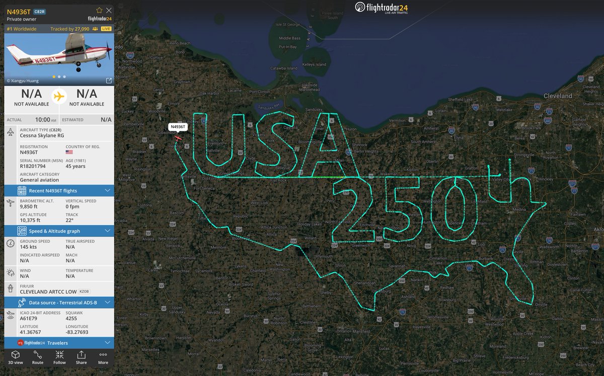 flightradar24's tweet photo. 🇺🇸2️⃣5️⃣0️⃣ and a 🗺️

An impressive flight path so far by this Cessna Skylane. 4.5 hours and counting. https://t.co/aMxUBPzXV3 https://t.co/U2SCbYevcL