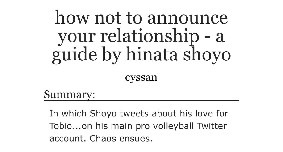 shoyothighs's tweet photo. how not to announce your relationship - a guide by hinata shoyo

☆ msby &amp; adlers kagehina
☆ socmed au, rated t, 3.4k words, complete
☆ stan twitter shenanigans!!
#kagehina #hinakage #kghn #hnkg 

https://t.co/3NQG7RJEgQ https://t.co/em83MFYg4N