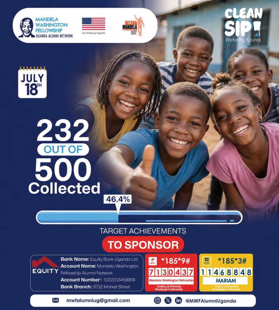 MWFAlumniUganda's tweet photo. The finish line is in sight.

Be part of the #CleanSIPCampaign and help transform lives through clean water. 💧

#MandelaDay2026
@usmissionuganda @NelsonMandela
@purifaaya @ceosummituganda
@reachahand @nextmediaug
@rctjinja @rotaryclubjinja https://t.co/R7nfdQSye3