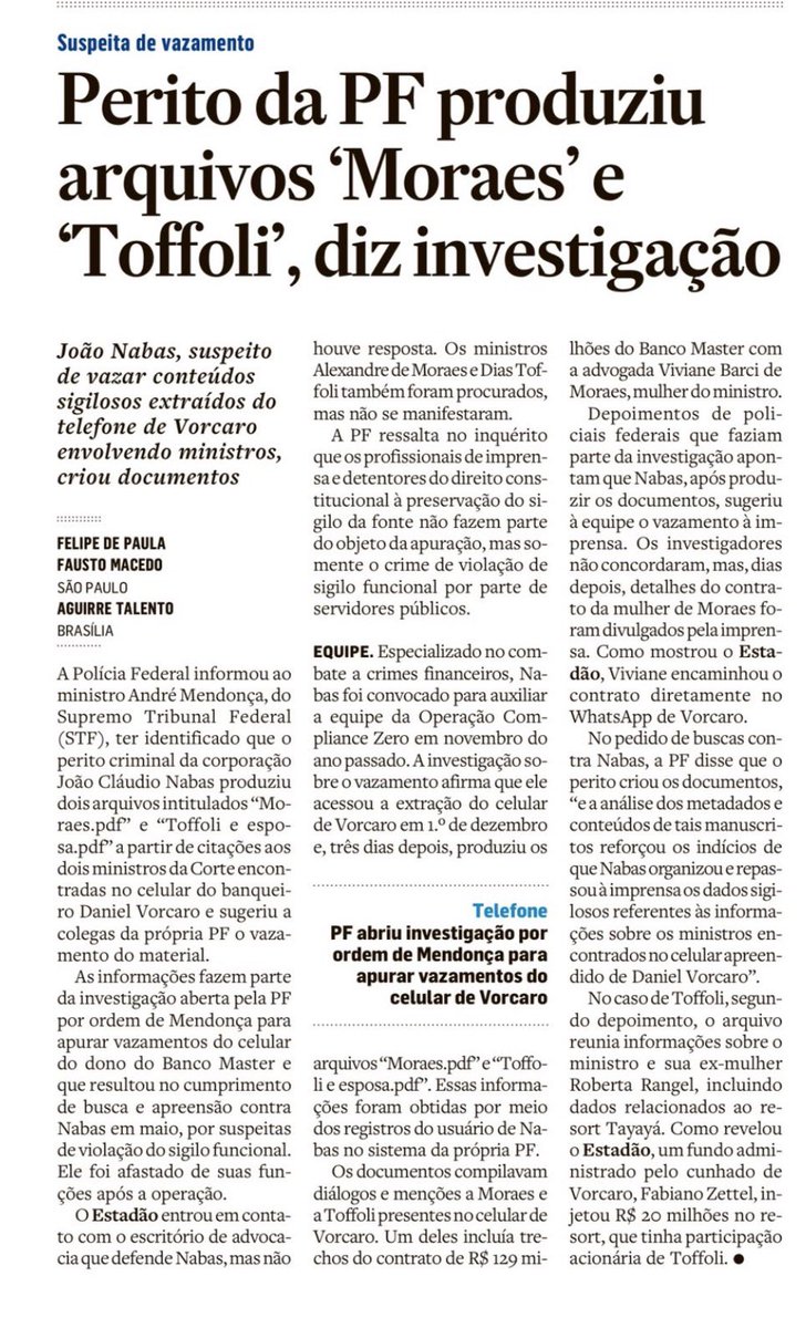 mauad_joao's tweet photo. Ótimo texto do Marcelo Guterman, publicado no Facebook:

“João Nabas. Esse é o nome do mais novo herói nacional. O policial federal arriscou a sua carreira para que as relações de ministros do STF com Daniel Vorcaro viessem à luz do dia, via imprensa.

Em casos envolvendo os grandes próceres da República, que detém os cordões do poder, não há outra forma de avançar além de acionar o quarto Poder, a imprensa. Sem as revelações da jornalista Malu Gaspar, o caso Master não existiria, e os milionários ministros Moraes e Toffoli estariam livres de constrangimento até hoje.

Um dos “excessos” da Lava-Jato comumente apontado pelos advogados de defesa e por Gilmar Mendes eram os ditos “vazamentos seletivos” de provas para a imprensa. No entanto, como neste caso, não haveria Lava-Jato se não houvesse a imprensa com suas fontes nas investigações. Em um país em que a justiça funciona somente para quem está fora dos círculos íntimos do poder, a imprensa livre tem um papel fundamental. E não existem denúncias da imprensa sem informantes.

Sim, Nabas violou o sigilo funcional e responderá por isso na forma da lei. Esse é o preço que o herói paga por mostrar as vísceras do sistema político e judicial brasileiro. Vísceras estas que estariam até hoje devidamente enterradas em um processo que nem se iniciaria, dado o sono profundo do PGR. Nabas responderá com o próprio cargo, e até com prisão, pelos seus atos. Até por isso deveríamos ser-lhe gratos pela sua coragem.”