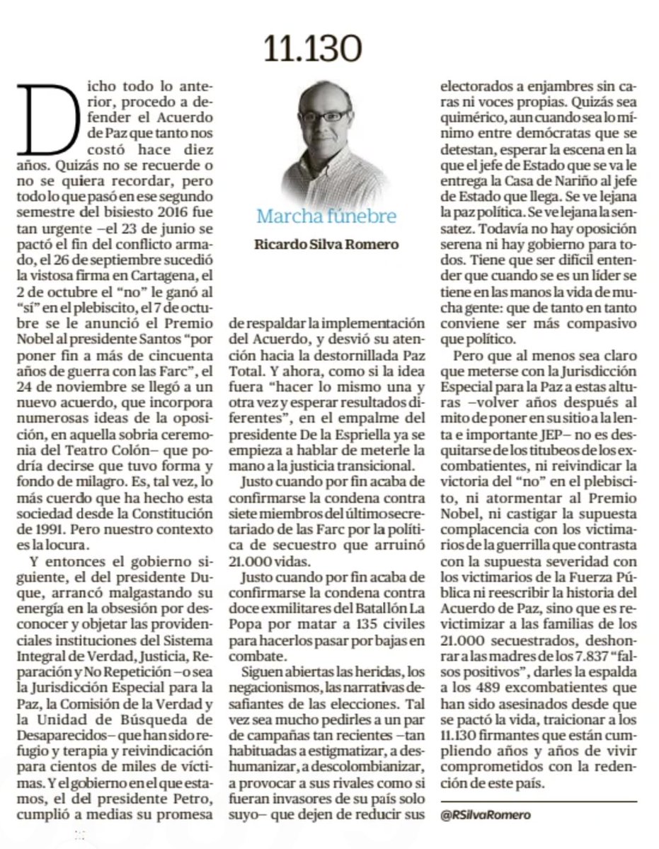 RSilvaRomero's tweet photo. Mi columna de hoy en @eltiempo, 11.130, sobre el desatino de meterse con la Jurisdicción Especial para la Paz a estas alturas:

https://t.co/1st4yRVOJ5 https://t.co/BEQxILmjgx