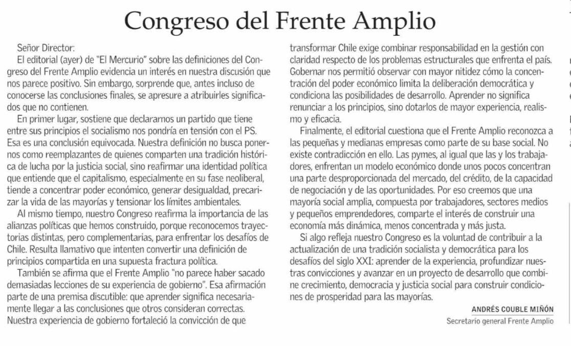 elfrente_amplio's tweet photo. ✍️ Compartimos carta al director de nuestro secretario general @acouble en El Mercurio, en respuesta a su editorial de ayer: “Nuestra Congreso reafirma la importancia de las alianzas políticas que hemos construido, porque reconoce trayectorias distintas, pero complementarias” https://t.co/00hRxu6CCq