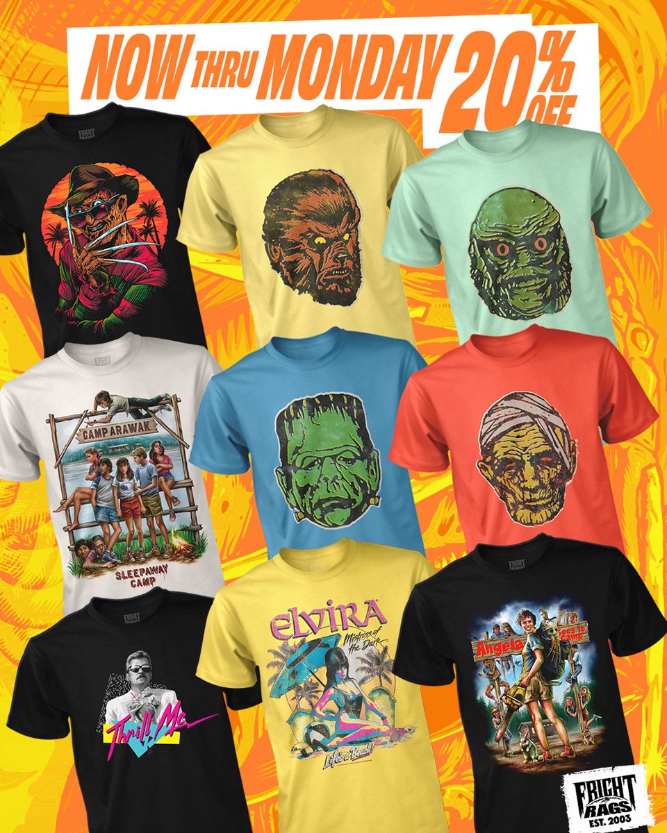 frightrags's tweet photo. ☀️ Our Summer Horror Sale is on! 👉🔗 https://t.co/ICClScEQzs

We brought back some of our most-requested warm-weather favorites, from Freddy to Frankenstein and plenty in between. 

As a bonus, every tee is 20% OFF through Monday. No code needed. Stock up now. https://t.co/C4Ntq6864C