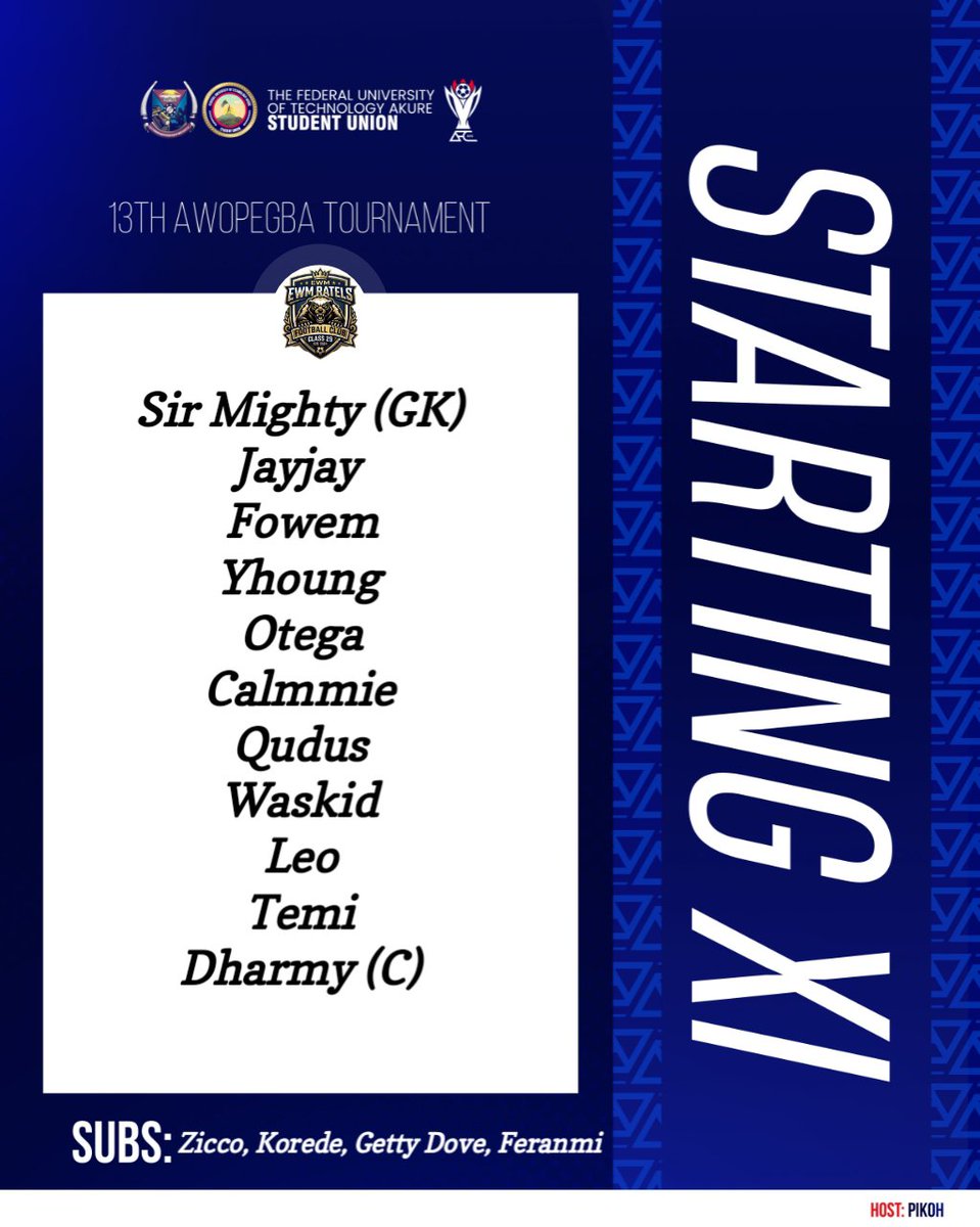 futafabrizio's tweet photo. β½ 13TH EDITION OF AWOPEGBA TOURNAMENT
π₯ OPENING MATCH π₯
MST π EWM
The wait is over! Two top departments lock horns to kick off the tournament.
Here are the Starting XIs. Who takes the first three points? πβ½
#FUTAFootall #Awopegba #FUTASports https://t.co/bYcdZO3pj7