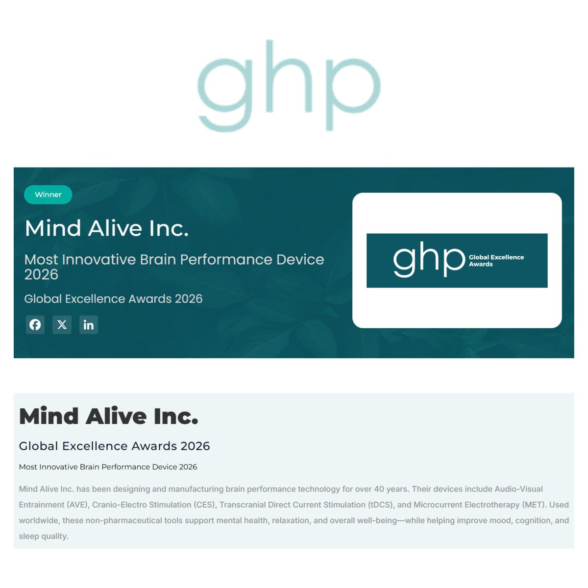 MindAliveInc's tweet photo. We are excited to share that we were granted a "Most Innovative Brain Performance Device 2026" award by ghp!
Discover: https://t.co/2cwKnfQSeB
#MindAlive #BrainPerformance #DAVIDPremier #Neuromodulation #Neurotechnology #LightAndSoundTechnology #BrainWaveEntrainment #DaveSiever https://t.co/ygkrDNLazM
