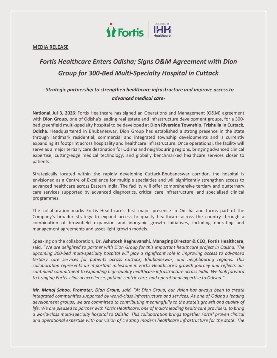 manas_muduli's tweet photo. Fortis Healthcare enters Odisha!

After Manipal and Max, Fortis will establish a 300-bed multi-specialty hospital at Dion Riverside Township, Trishulia, Cuttack.

With leading healthcare chains expanding into the state, Odisha is steadily strengthening its position as Eastern India’s healthcare hub.