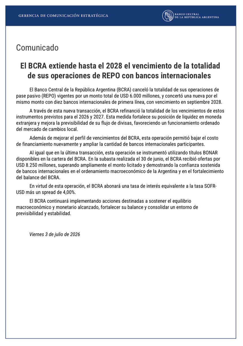 jpmarino79's tweet photo. 🚨🚨🚨 FUERTE SEÑAL AL MERCADO: EL BCRA PATEÓ TODOS SUS VENCIMIENTOS DE REPO HASTA 2028 

🔹 Canceló los REPO (préstamos con bancos usando bonos como garantía) vigentes por u$s6.000 millones y cerró una nueva operación por el mismo monto con 10 bancos internacionales de primera línea.

🔹 Refinanció todos los vencimientos previstos para 2026 y 2027, mejorando el perfil de deuda en moneda extranjera.

🔹 La licitación recibió ofertas por u$s8.250 millones, muy por encima del monto buscado, una señal de fuerte interés de los bancos internacionales.

🔹 Además, el BCRA informó que redujo el costo de financiamiento y amplió la cantidad de entidades participantes.

🔹 La nueva operación vencerá en septiembre de 2028 y pagará una tasa equivalente a SOFR + 4%.