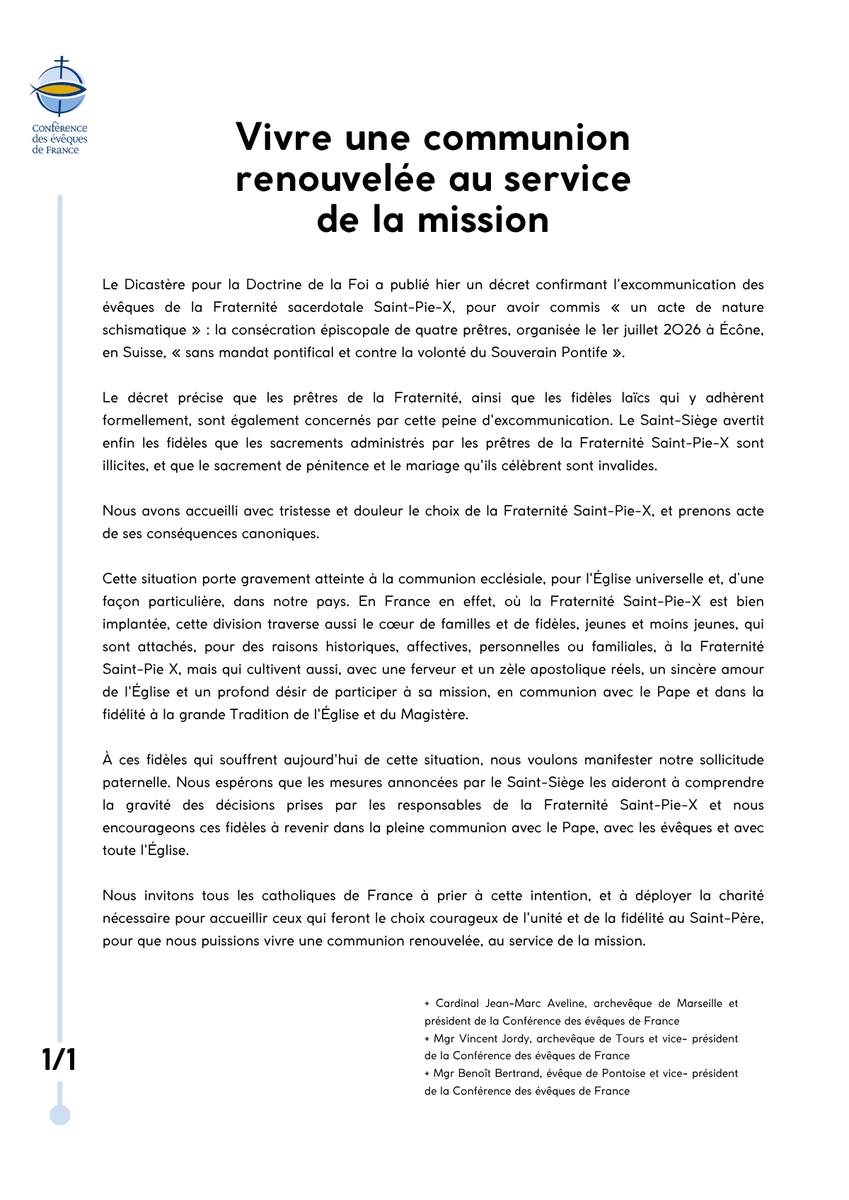 Eglisecatho's tweet photo. La Présidence de la #CEF réagit aux excommunications annoncées à l’encontre de la Fraternité Saint-Pie-X. https://t.co/rACyPFBZ5T
