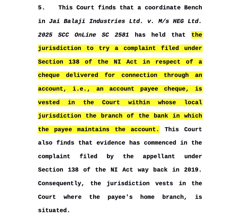CiteCase's tweet photo. #SupremeCourt reiterates the law on jurisdiction of cheque bounce complaint for the nth time 😇 https://t.co/dxEQD727h1