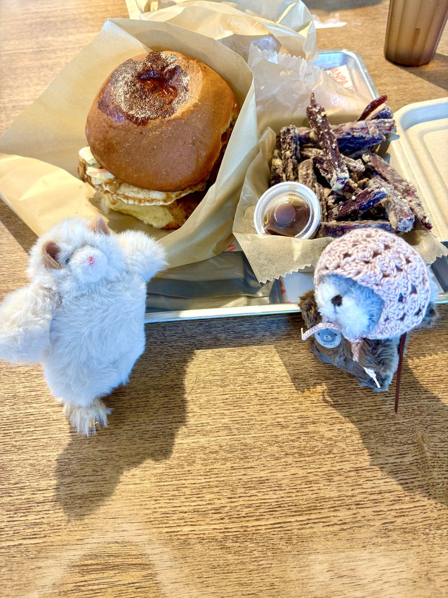 nuoooooopokemon's tweet photo. ハンバーガーこーんなに大きい！と話し合っている様子
#ウルエシティ
#CAPEZANPA
#ぬい活
#ぬい撮り https://t.co/Re7fi3nGdd