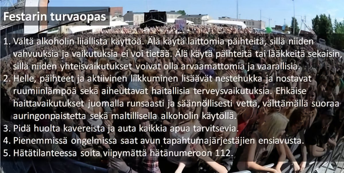 taisto_hakala's tweet photo. Edessä on festareiden superviikonloppu. Siihen liittyy myös riskejä, jotka on hyvä ehkäistä. Tässä pointit turvallisuuden varmistamiseen:
1️⃣ Vältä alkoholin liiallista käyttöä. Älä käytä laittomia päihteitä, sillä niiden vahvuuksia ja vaikutuksia ei
1/4
#festarit #turvallisuus https://t.co/bz1TZAyjK9