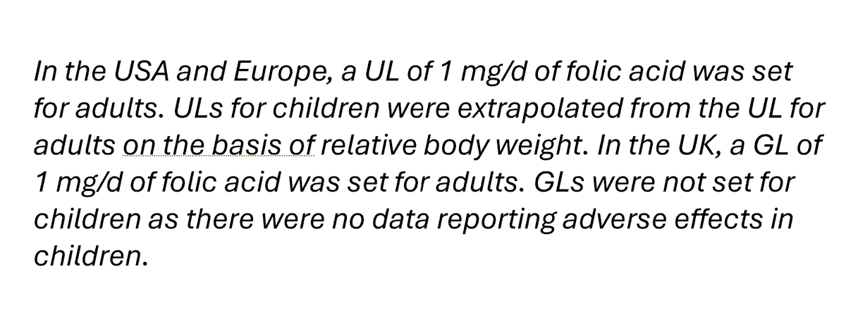ClareCraigPath's tweet photo. From the people who recommend folic acid be put into our food:

UL = upper limit
GL = guidance limit

We have no data on the effects on children but we will just assume it is OK.

Petition for debate below. https://t.co/umKE11uatC